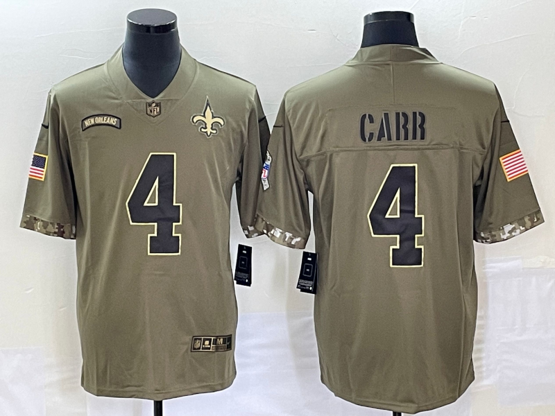 Men's New Orleans Saints Derek Carr #4 Olive 2022 Salute To Service Retired Limited Jersey